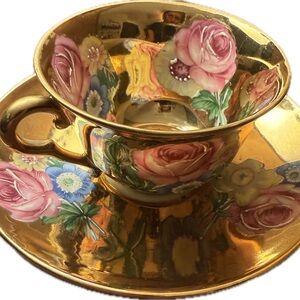 Vintage AJCO Limoges France 24K Gold Teacup and Saucer Set Hand Painted